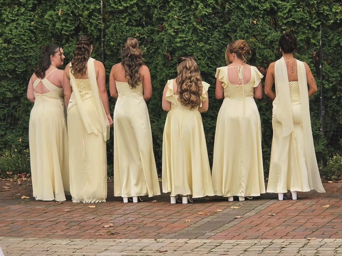 Bridesmaids in pale yellow dresses showing their styled hair from behind